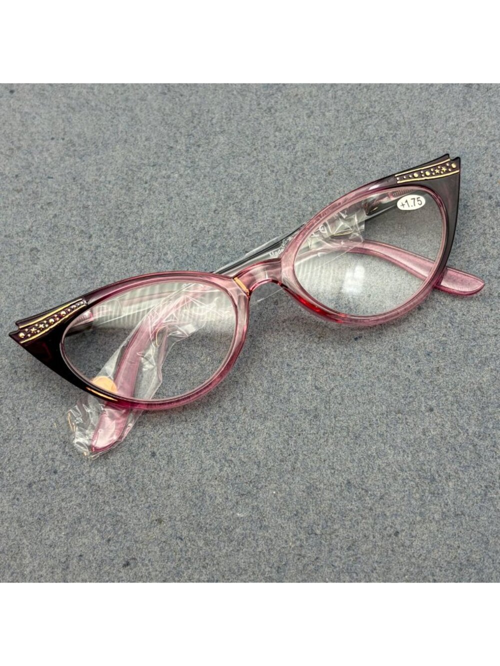 Vintage-Inspired Cat Eye Reading Glasses +1.75 Purple Ombre Frame Gold Star
